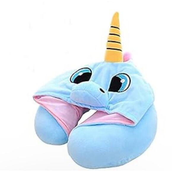 Travel Pillow Kids Set Of 2 Unicorn with Hoodie Hooded Neck Pillow Travel Sleep - Picture 2 of 3